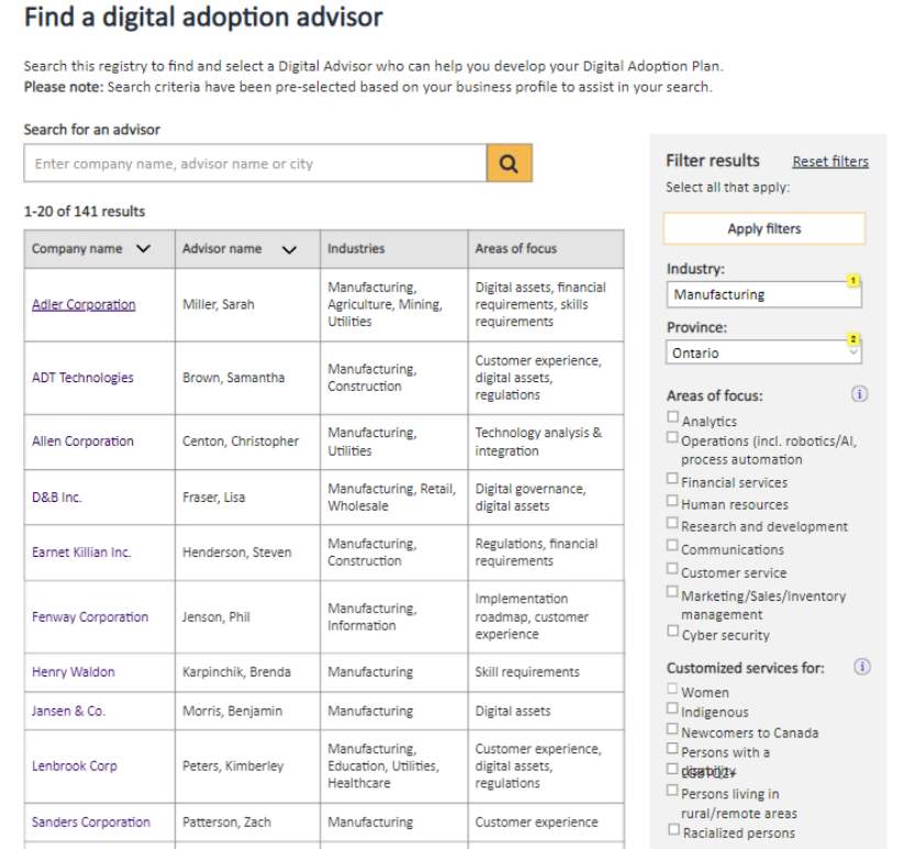 CDAP Canada Digital Adoption Plan Digital Advisor screenshot